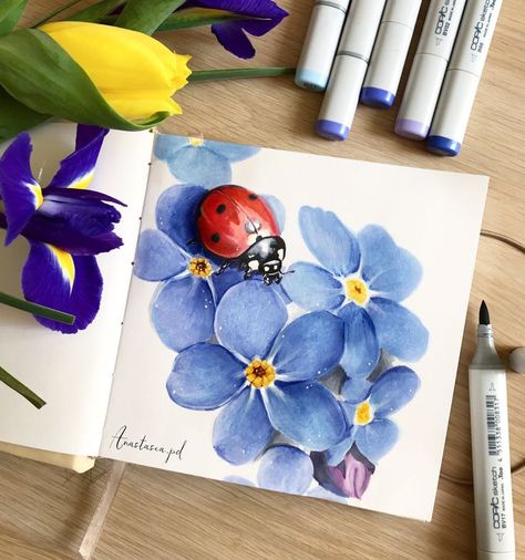 ladybug Art Markers Drawing, Markers Drawing Ideas, Copic Marker Art, Copic Art, Copic Marker, Small Canvas Art, Art Idea, Arte Sketchbook, Marker Drawing