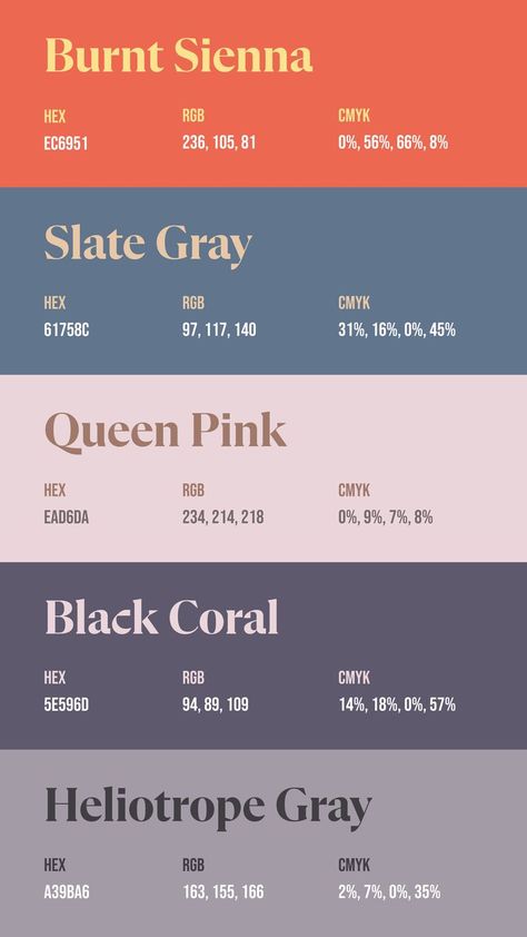 Colors:
EC6951
61758C
EAD6DA
5E596D
A39BA6 Earth Pastel Color Palette, Magic Colour Palette, Vintage Color Palette Hex Code, Aesthetic Color Palettes Hex Codes, Cute Color Palette, Color Palette Hex Codes, 2 Color Palette, Color Combinations Home, Pantone Color Chart