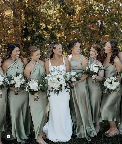 Bridesmaid Dress Color Schemes, Sage Green Wedding Theme, Olive Green Bridesmaid Dresses, Printed Bridesmaid Dresses, Olive Green Weddings, Wedding Color Pallet, Sage Bridesmaid Dresses, Sage Green Bridesmaid Dress, Green Themed Wedding