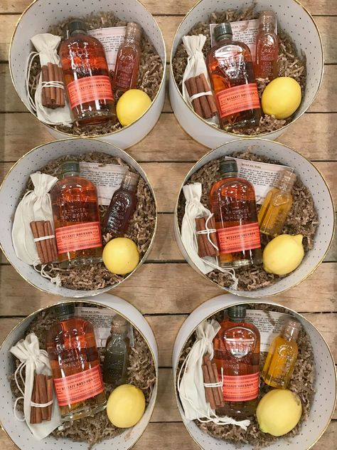 Booze Gift Basket Ideas Christmas, Gifts With Alcohol Minis, Hot Toddy Christmas Gift, Hot Toddy Gift Kits, Christmas Gift Box For Coworkers, Alcohol Christmas Basket, Hot Toddy Gift Basket Ideas, Alcohol Hostess Gifts, Holiday Gift Baskets For Coworkers