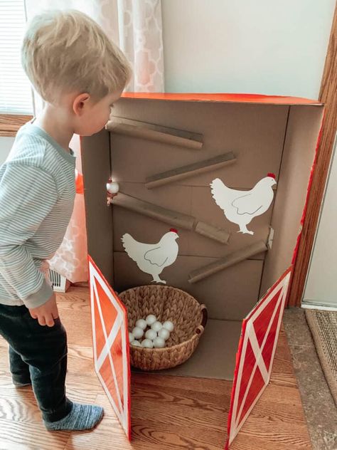 Cardboard Chicken Coop, Cardboard Chicken, Repurposed Cardboard, Farm Activities Preschool, Farm Theme Preschool, Farm Preschool, Farm Activities, Play Pretend, Baby Learning Activities