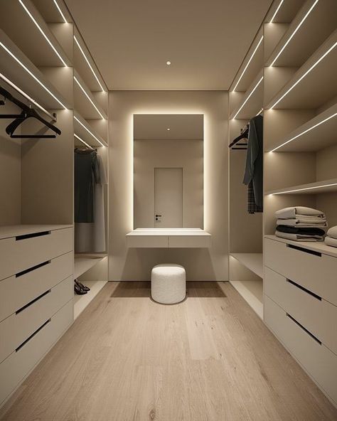 Room Design With Dressing Room, New House Closet Ideas, Interior Dressing Room, Wall To Wall Closet Ideas Built Ins, Bedroom And Closet Layout, Master Closet With Makeup Table, Modern House Designs Interiors, Bedroom Walk In Closet Design, Dress Room Aesthetic