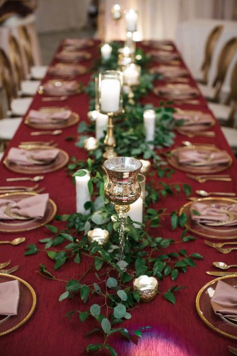 Maroon Emerald Wedding, Burgandy Tablecloth Wedding, Burgundy Wedding Table, 50th Birthday Table Decorations, Emerald Wedding Decor, Green And Burgundy Wedding, Burgundy Table Runner, Burgundy Wedding Theme, Glamour Party