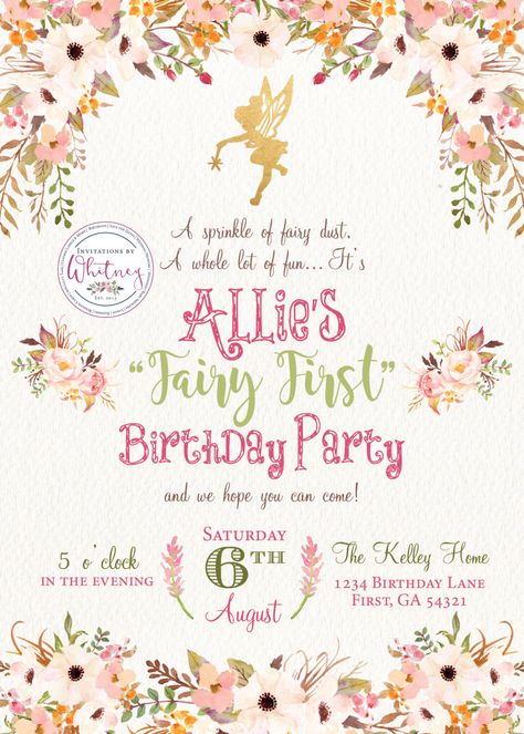 Fairy First Digital Printable Birthday Party Invitation Design by WhitneyYarberDesigns on Etsy https://www.etsy.com/ca/listing/449248198/fairy-first-digital-printable-birthday Garden Invitation, Fairy Invitations, Fairy Theme Party, Garden Party Invitations, Invitations Pink, Fairy Garden Birthday Party, Fairy Theme, Floral Fairy, Garden Party Birthday