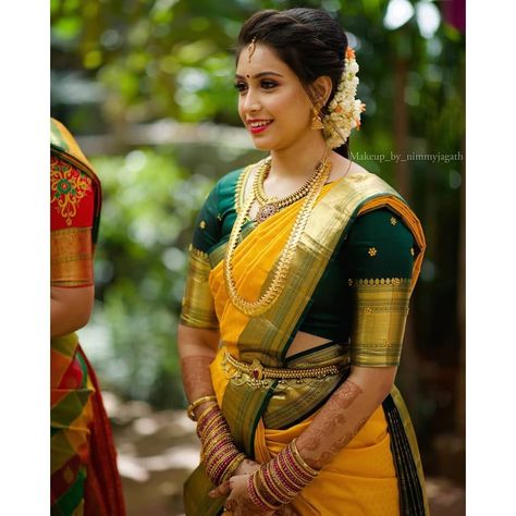 Yellow With Green Aari Work Blouse, Yellow Pattu Saree Wedding, Yellow Green Saree, Pelli Sarees, Bottu Mala, Yellow Sarees, Casual Blouse Designs, Indigo Saree, South Indian Wedding Saree