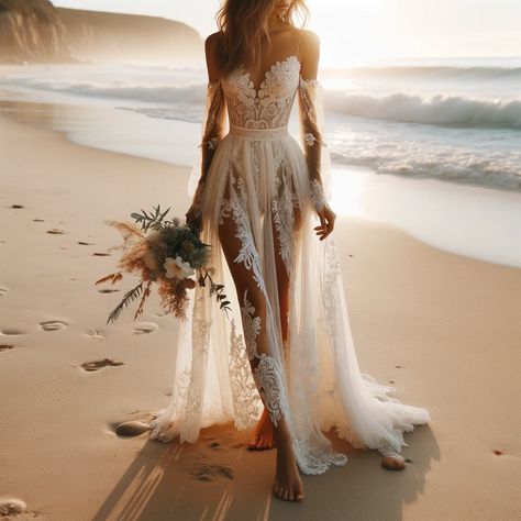 Bohemian Beach Wedding Dress Embrace Your Free Spirit on Your Special Day (2) Beach Wedding Evening, Wedding Dresses Ocean, Natural Wedding Dress Bohemian, Beach Vibes Wedding Dress, Boho Beach Wedding Dresses, Beach Lace Wedding Dress, Wedding Gowns For Beach Wedding, Glam Boho Wedding Dress, Wedding Dresses For Beach Weddings Boho