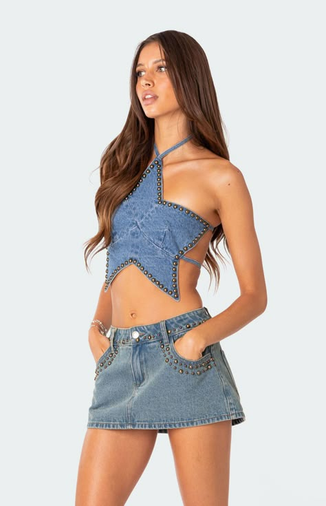 Starlet Studded Denim Crop Top Ropa Upcycling, Jean Fit, Denim And Diamonds, Denim Crop Top, Denim Ideas, Studded Denim, Denim Crafts, Casual Summer Tops, Jeans Diy