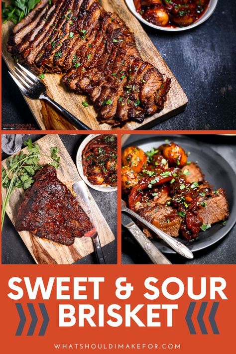 Make this easy recipe for the best sweet and sour beef brisket in the oven, in the crockpot or in the instant pot. Perfect for the Jewish holidays! #whatshouldimakefor #brisket #beefbrisket #sweetandsourbrisket #comfortfood #braised Brisket Oven Recipes, Sweet And Sour Brisket, Beef Brisket Oven, Oven Brisket Recipes, Brisket In The Oven, Sweet And Sour Beef, Brisket Seasoning, Brisket Oven, Braised Brisket