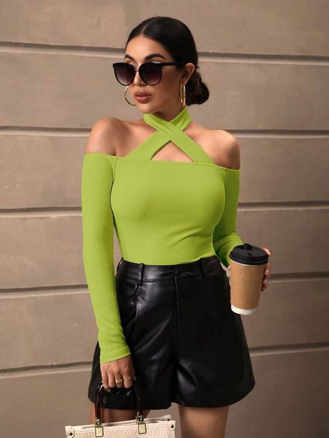 Criss Cross Top Outfit, Cross Top Outfit, Neon Outfits Party, Neon Green Outfits, Green Shirt Outfits, Green Top Outfit, Neon Green Top, Lime Green Shirts, African Attire Dresses