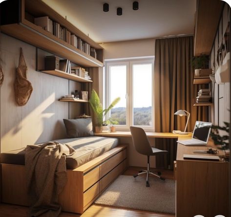 Bedroom And Workspace Ideas, Small Study Room Design, Workspace Interior Design, Small Bedroom Office, Window Seat Ideas, Small Room Interior, Guest Bedroom Home Office, Office Guest Bedroom, Small Bedroom Interior