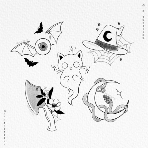 Spooky Line Work Tattoos, Cat In Witch Hat Tattoo, Witchy Tattoo Flash Simple, Cat With Witch Hat Tattoo, Cute Witch Tattoo Ideas, Cat Knife Tattoo, Kawaii Halloween Tattoo, Halloween Fine Line Tattoo, Fine Line Bat Tattoo