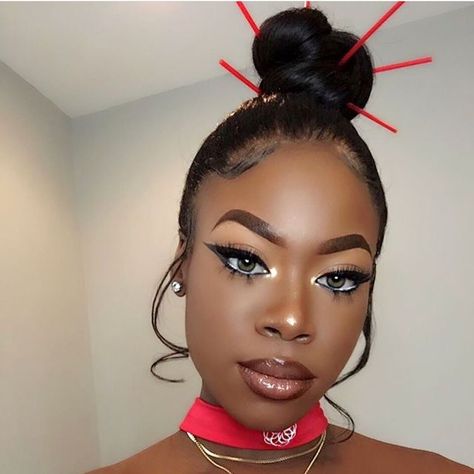 @zookey ke Chinese Bun Hairstyle Black Women, Hairstyles With Chopsticks, Chopstick Hairstyles, Chinese Party, Chopstick Hair, Estilo Swag, Birthday Hairstyles, Athletic Hairstyles, Dark Skin Makeup