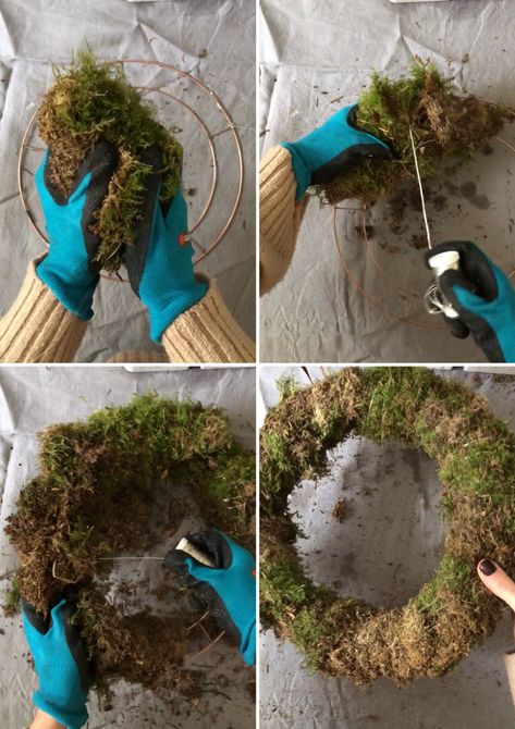 Moss Wreaths For Front Door, Step By Step Wreath Making Diy, Crafts With Moss, Moss Wreath Ideas, Diy Moss Wreath, Christmas Garland Staircase, Christmas Fireplace Garland, Moss Wreath Diy, Square Wreath