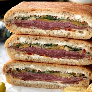 Italian Pressed Picnic Sandwiches - Chew On This Peanut Butter Oatmeal Smoothie, Slow Cooker Bread Pudding, Roast Beef Wrap, Roast Beef Salad, Easy Taco Pizza, Pressed Sandwich, Oatmeal Smoothie, Picnic Sandwiches, Spinach Artichoke Chicken