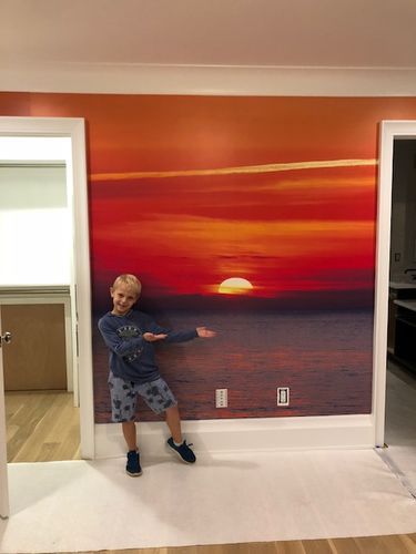 Sunset Wall Mural from Stickerbrand. This is an easy Peel and Stick Mural, no chemicals/glue needed. Thank you Ellie Mroz Design for sharing. Sunset Wall Decals, Sunset Wall Painting, Sunset Mural, Sunset Wall Mural, Sunset Paintings, Coastal Diy, Wall Transfers, Peel And Stick Mural, Bathroom Mural