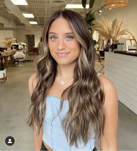 Brown Hair With Streaks Of Blond, Brown Hair On Blue Eyes, Brown Balayage Hair Blue Eyes, Brown Hair With Some Dimension, Light Brown To Dark Brown Balayage, Brunette With Blonde Curtain Bangs, Brunette Dimensional Highlights, Dark Brown Hair Balayage Blue Eyes, Light Hair For Brunettes