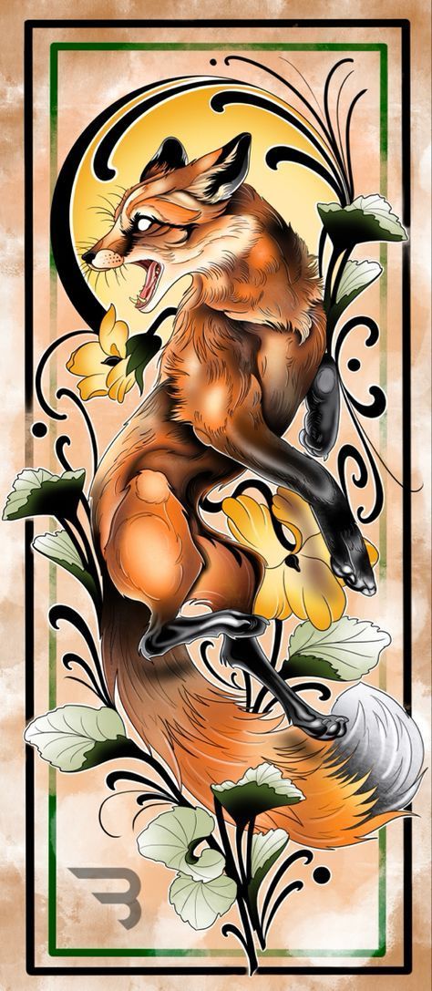 Fox Tattoo Neotrad, Neo Trad Fox Tattoo, Neo Traditional Japanese Tattoo Design, Neo Traditional Fox Tattoo Design, Fox Art Tattoo, Back Fox Tattoo, Neotraditional Cat Tattoo Design, Neotrad Fox Tattoo, Neotrad Back Tattoo