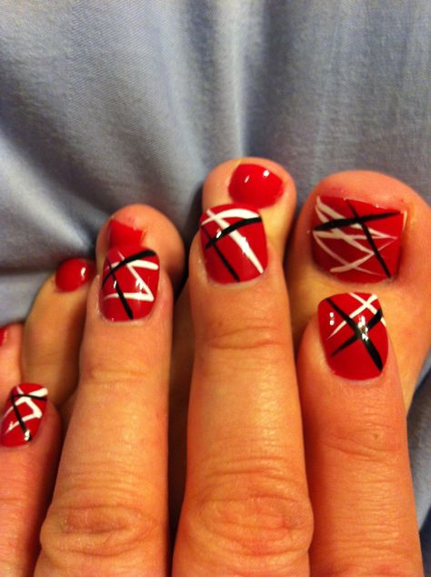 Eddie Van Halen-inspired mani/pedi Football Nail Designs, Football Nail Art, Black Toe Nails, Black And White Nail Designs, Football Nails, Nail Red, Pretty Nail Colors, Red Nail Designs, Striped Nails