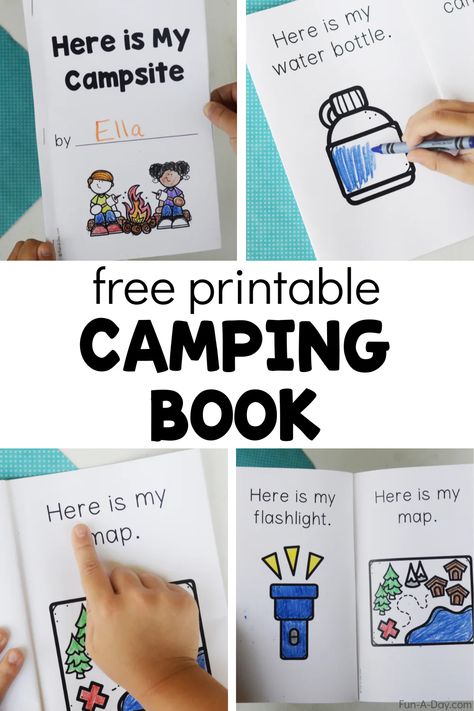 Practice a variety of important early literacy skills with this free camping printable book. Great for your summer lesson plans or as part of your preschool, pre-k, or kindergarten camping theme. Click on the Fun-A-Day.com link to request the book. C Is For Camping Craft, Camping Unit For Preschool, Camping Lesson Plans Preschool, Camping Theme Kindergarten, Camping Week, Preschool Camping, Summer Lesson Plans, Camping Preschool, Camping Theme Preschool