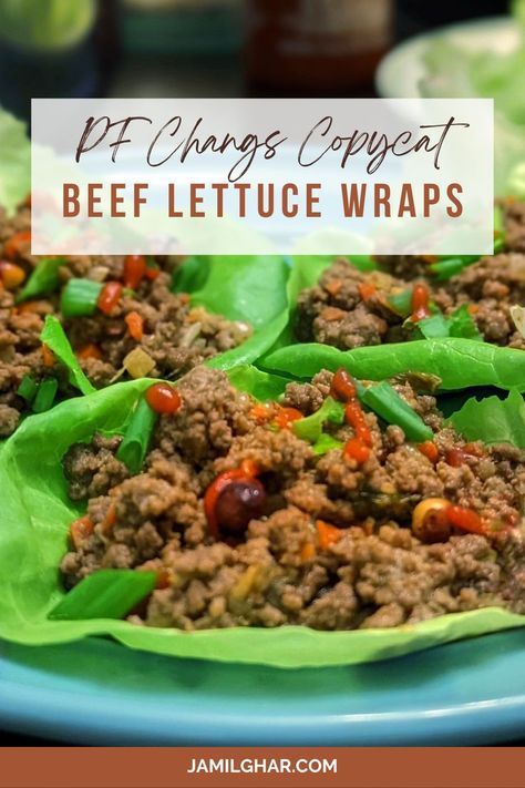 Beef Lettuce Wraps PF Changs Copycat Recipe Healthy Ground Beef Lettuce Wraps, Pf Changs Copycat, Homemade Hoisin Sauce, Pf Changs Lettuce Wraps, Easy Lettuce Wraps, Lettuce Wraps Healthy, Asian Lettuce Wraps, Lettuce Recipes, Beef Wraps