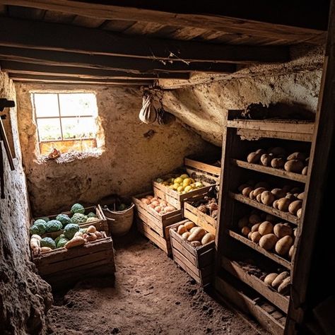 The view captures the enchanting simplicity of a rustic root cellar, where the cool, dimly lit environment is ideal for storing a variety of fresh produce. Wooden shelves line the walls, heavily stocked with a bounty of fruits and vegetables such as pumpkins, apples, and cabbages. The sunlight, filtering through a small window, casts a warm glow that highlights the earthy tones of the room and enhances the inviting atmosphere of this traditional storage space. Chopping Wood Aesthetic, Homestead Urban, Colonial Thanksgiving, Root Cellar Ideas, Root Cellar Storage, Rustic Potatoes, Greenhouse Indoor, Bulk Store, Farmers Market Display