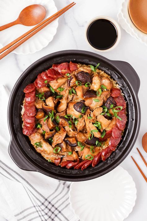 Claypot Chicken Rice (煲仔饭) | Two Plaid Aprons Claypot Rice Recipe Chinese, Chinese Hot Pot At Home, Asian Cookware, Claypot Rice Recipe, One Pot Hainanese Chicken Rice, Taiwanese Hot Pot, Claypot Chicken Rice, Chinese Sausage, Chicken Rice Recipes