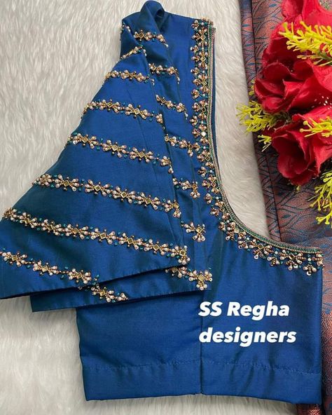 Bottle Green Work Blouse Designs, Dark Green Aari Work Blouse Design, Green Aari Work Blouse Design, Green Aari Work Blouse, Magam Works, Simple Maggam Work, Neck Ideas, Aari Work Blouse Design, Aari Blouses