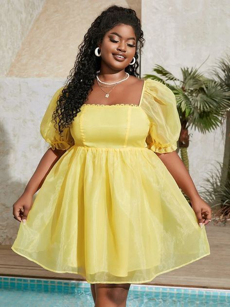 Yellow Dress Outfit, Chic And Curvy, Puff Dress, Organza Dress, Dress Plus Size, Yellow Dress, Business Fashion, Tie Back, Dress P