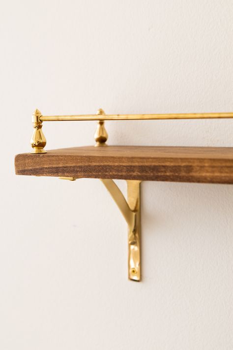 Wood Shelf With Wood Bracket, Wall Shelf With Gold Brackets, Kitchen Shelves Brass Brackets, Wall Shelf Bracket, Brass Shelf Brackets Kitchen, Open Shelving Brass Brackets, Vintage Shelf Brackets, Floating Shelves Brass Rail, Gold Brackets For Shelves