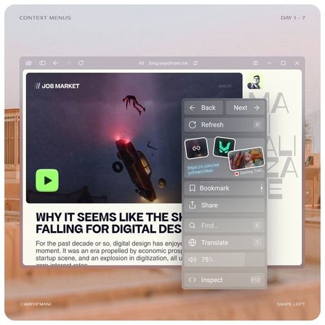 Context Menus A concept for context menus implemented in Arc Browser (@browsercompany) Environment 🏹 • ————— • Designed by @wayofmani Tools: #Figma , #AfterEffects • ————— • Stock Image used in first shot background credit : @hasanalmasi on unsplash.com Music Credit : A sample of "Did It First" by #icespice and #centralcee #ui #ux #رابط_کاربری #طراحی_ui #uidesign #interactiondesign #browser #arc #userinterface #motiondesign Arc Browser, Ice And Spice, A Concept, Marketing Jobs, Interactive Design, Motion Design, User Interface, Ui Design, Start Up