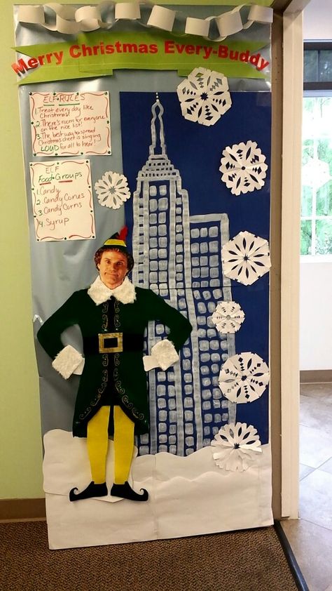 Elf movie door decoration Elf Movie Party, Elf Themed Christmas Party, Elf Classroom, Christmas Hallway, Door Decorations Classroom Christmas, Holiday Door Decorations, Elf Christmas Decorations, Christmas Door Decorating Contest, Christmas Classroom Door