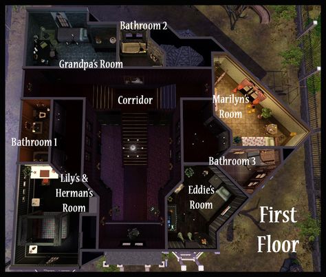 Munster House floor plans (supposedly) Goth Bloxburg House Layout, Addams Family House Floor Plan, Bloxburg Gothic House Layout, Bloxburg Victorian House Layout, Goth House Ideas, Goth House Interior, Bloxburg Victorian House, Munsters House, Addams Family House