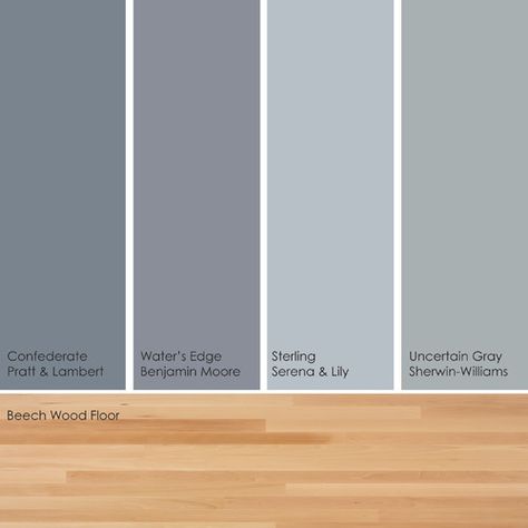 Blue-Green-Gray palette - by Jennifer Ott :: From left to right: Confederate 27-21, from Pratt & Lambert; Water's Edge 1635, from Benjamin Moore; Sterling, from Serena & Lily; and Uncertain Gray SW6234, from Sherwin-Williams. Green Grey Paint, Floor Paint Colors, Painted Wood Floors, Grey Wood Floors, Light Wood Floors, Gray Paint, Dark Wood Floors, Bedroom Color Schemes, Gray Bedroom