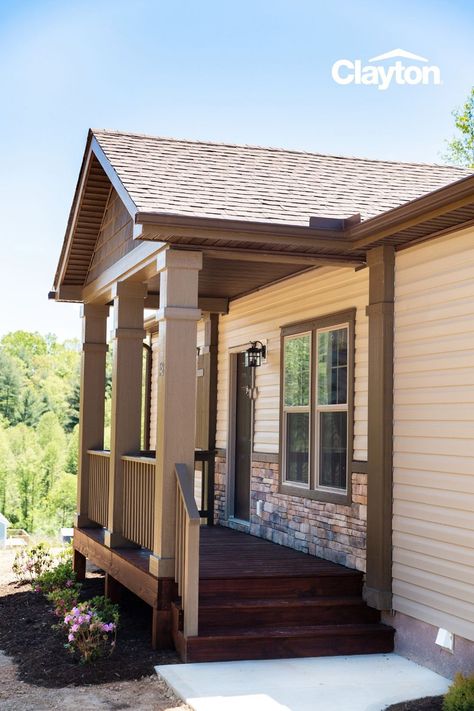 Cabin style modular home exterior with stone accents and a covered front porch. Mobile Home Exteriors, Modular Homes For Sale, Manufactured Homes For Sale, Clayton Homes, Home Id, Mobile Home Porch, Mobile Homes For Sale, Side Porch, Ranch Style Homes