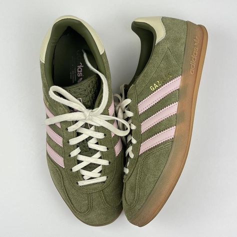 Adidas Gazelle Focus Olive / Pink / Gum

TikTok... - Depop Strawberry Matcha Adidas, Pink And Green Gazelles, Gazelles Adidas Outfit, Adidas Trainers Women, Pink Adidas Gazelle, Adidas Gazelle Pink, Adidas Gazelle Outfit, Pink Gazelles, Strawberry Matcha