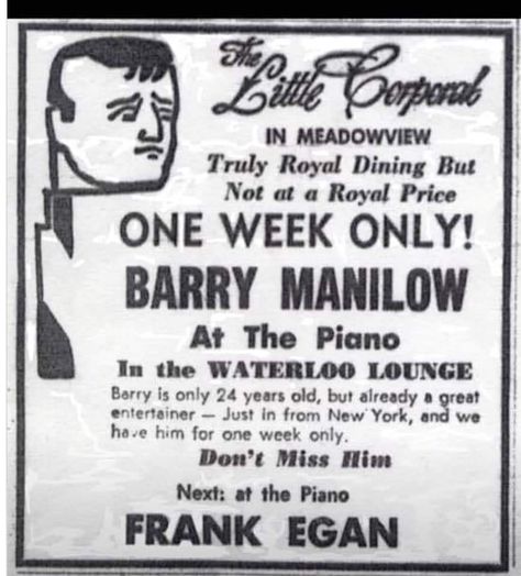 Barry Manilow piano bar ad . Kankakee , Illinois , 1967 . Kankakee Illinois, Positive Symbols, Bar Ad, Piano Bar, Barry Manilow, Record Sleeves, Creative Stuff, Happy Place, Happy Places