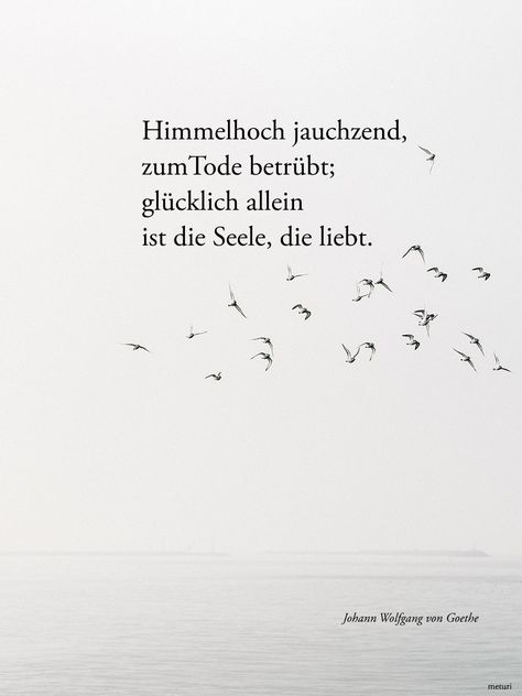 Himmelhoch jauchzend, zum Tode betrübt; glücklich allein ist die Seele, die liebt. Johann Wolfgang von Goethe Goethe Quotes, Writing Pictures, German Quotes, Different Quotes, Soul Quotes, Literary Quotes, Poem Quotes, What Is Life About, Love Poems