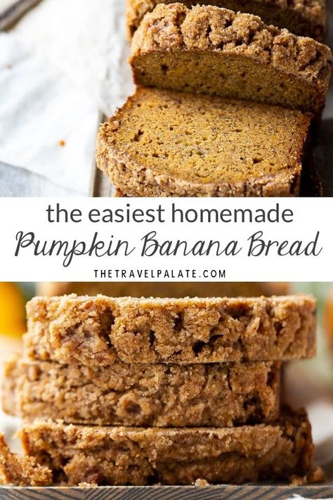 Easy and simple Pumpkin Banana Bread! Your family will love the quick bread because it so moist and homemade! Great combination of banana and pumpkin flavor! Pumpkins Banana Bread, Banana Pumpkin Bread Vegan, Pumpkin Bread Banana, Best Pumpkin Banana Bread, Pumpkin Banana Bread With Streusel, Bananas Pumpkin Bread, Pumpkin Banana Cake Recipes, Pumpkin Bread With Bananas, Pumpkin Banana Walnut Bread