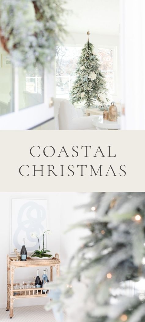 Coastal Christmas Staircase, Coastal Christmas Table Runner, Beach Home Christmas Decor, Coastal Winter Decor Ideas, Christmas Decor Ideas Florida, Coastal Christmas Front Door, Coastal Christmas Centerpiece Dining Table, Coastal Holiday Decor Christmas Ideas, Coastal Xmas Decor