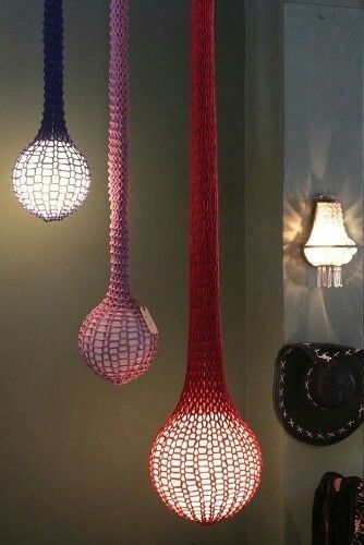 Handmade Lamps Creative, Knit Lampshade, Knitted Lampshade, Yarn Lamp, Ella Emhoff, Crochet Lampshade, Crochet Lamp, Lights Hanging, Crochet Home