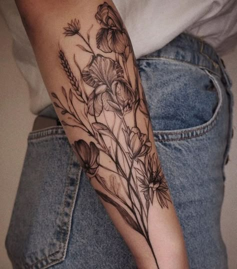 Greenery Half Sleeve Tattoo, Unique Forearm Sleeve Tattoos, Poppy Half Sleeve Tattoo, Feminine Forest Tattoo, Wedding Bouquet Tattoo Sleeve, Meadow Tattoo Sleeve, Poppy Sleeve Tattoo, Nature Tattoo Filler Ideas, Forearm Flower Tattoo Sleeve