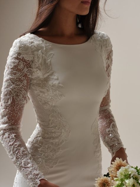 Navi Leigh Long-Sleeve Modest Wedding Dress | Maggie Sottero Simple Engagement Dress, Modest Long Sleeve Wedding Dresses, Wedding Dress Maggie Sottero, Designer Wedding Gown, Wedding Gown Preservation, Sheath Wedding Gown, Modest Wedding Gowns, Modest Wedding Dress, Maggie Sottero Wedding Dresses