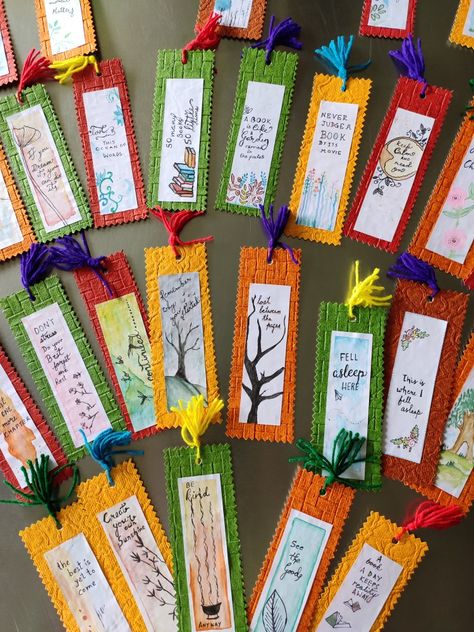 Made bookmarks for my students on the occasion of Children's Day on 14th November Children's Day Gifts For Students, Bookmark Painting Ideas, Book Week Activities, Friendship Activity, Bookmark Painting, Christmas Centre Pieces, School Library Lessons, Handmade Teacher Gifts, Crafts Bookmarks