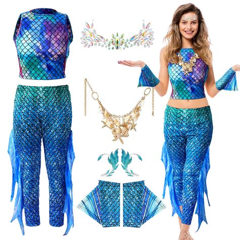 PRICES MAY VARY. Package Includes: you will get a set of mermaid costume for women, including a mermaid scale print fin design leggings, a scale print top, a gold starfish pearl necklace, a pair of blue elf ears, a pair of mermaid scale gloves, a set of face gems stick on, the mermaid outfit will help you beautiful more attention from people, show your charm Adorable and Attractive Design: mermaid gloves and leggings are equipped with flexible fluttering fins and mermaid scale print, creating a Mermaid Costume For Women, Mermaid Gloves, Siren Cosplay, Halloween Mermaid Costume, Mermaid Things, Halloween Mermaid, Real Mermaid, Blue Elf, Mermaid Costumes