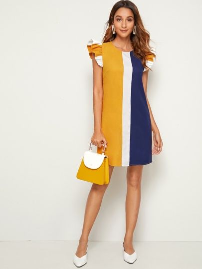 Ruffle Armhole Colorblock Tunic Dress | SHEIN USA Orange Fashion, Mode Inspiration, Classy Dress, Simple Dresses, Dress Patterns, Tunic Dress, Shift Dress, Designer Dresses, Cold Shoulder Dress