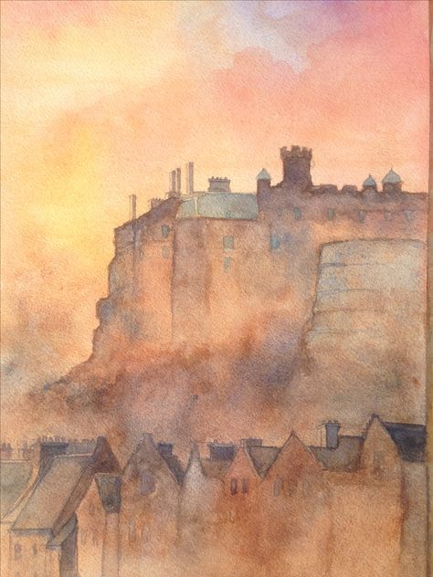 Edinburgh Castle - A watercolour Painting by P. Baxter Edinburgh Watercolor Painting, Edinburgh Castle Drawing, Edinburgh Artwork, Edinburgh Painting, Castle Paintings, Watercolor Buildings, Edinburgh Art, Art Buildings, Castle Drawing