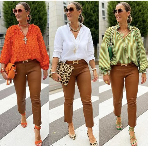 Orange Capris Outfit, Rust Color Pants Outfit Fall, Rust Colored Leggings Outfit, Brown Pants Outfit Women Work, Orange And Brown Outfits For Women, Marron Pants Outfit, Cognac Pants Outfit, Brown Capris Outfit, Camel Colored Pants Outfit