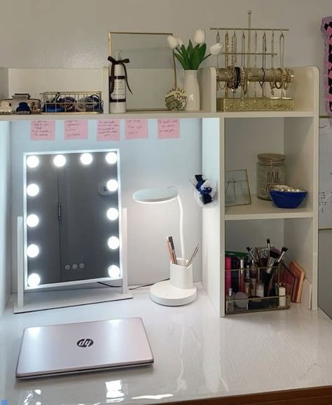 Dorm Room Mamas | Dorm Inspo from Pinterest- turn your desk into a vanity | Facebook Organizing Ideas Dorm, Vanity Desk Ideas Organizations, Dorm Vanity Desk, Vanity Dorm Room, Desk Dorm Ideas, Dorm Vanity Ideas, Dorm Room Desk Setup Ideas, Dorm Desk Aesthetic, Dorm Room Ideas Desk