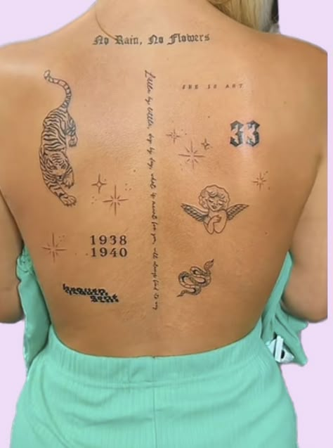 Sticker Back Tattoos For Women, Minimal Lower Back Tattoo, Lower Neck Tattoo Women, Back Patch Work Tattoo, Patch Work Back Tattoo, Delicate Back Tattoo Women, Patch Work Tattoos, Mode Poses, Small Back Tattoos