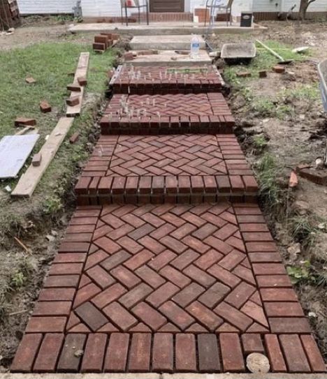 White Picket Fence Ideas, Picket Fence Ideas, Outdoor Patio Pavers, Concrete Sidewalk, Brick Patterns Patio, Brick Pathway, Paver Designs, Brick Path, Brick Walkway